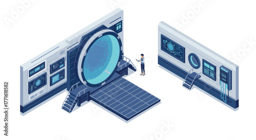 Futuristic isometric portal with control panels and engineer in sci-fi environment