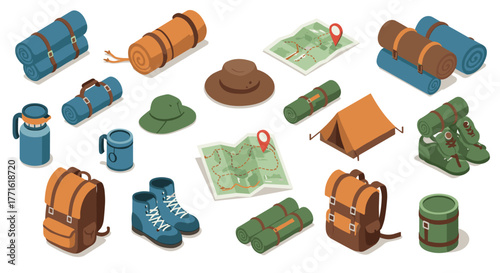 Outdoor adventure gear collection: isometric camping essentials and travel icons