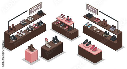 Isometric shoe store display featuring various casual and athletic footwear