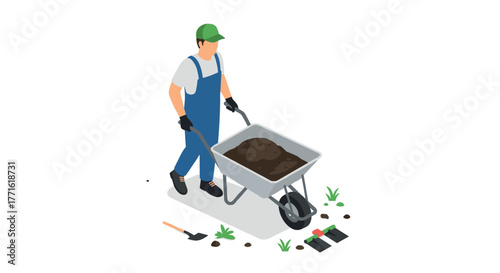 Gardener in overalls moving soil in a wheelbarrow with gardening tools