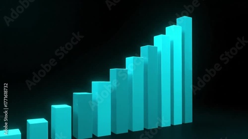 Bright turquoise bar graph shows upward trend against dark background, symbolizing growth and success.