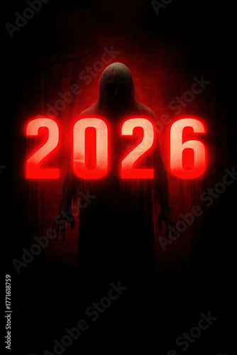 celebrate 2026 horror with red numbers in front of fluro zombie silhouette, new years eve day night, horror silvester, halloween, fantasy, portrait format, illustrated