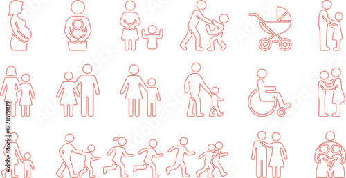 Family and Parenting Line Icon Set – Couples, Single Parents, Children, Elderly, Baby, Newborn, Teenager, Thin Linear Vector Icons