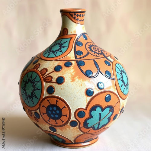 Vibrant Ceramic Vase with Stylized Floral and Abstract Motifs