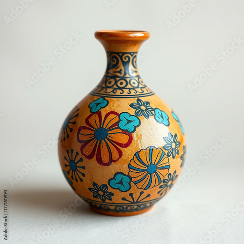 Colorful Hand-Painted Ceramic Vase with Folk Art Floral Motifs