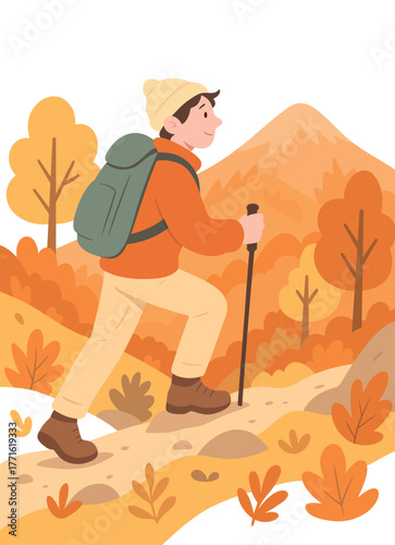 A man hiking in the mountains during autumn. Colorful orange and yellow trees surround the path, symbolizing outdoor adventure and fall vibes. Vector flat illustration.