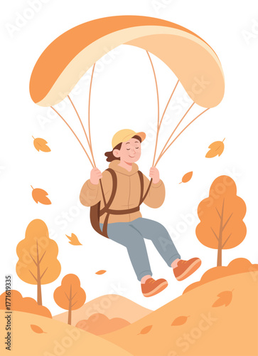 Happy person paragliding over autumn hills. Fall trees, orange leaves, and warm colors create a cozy, adventurous atmosphere. Vector flat illustration.