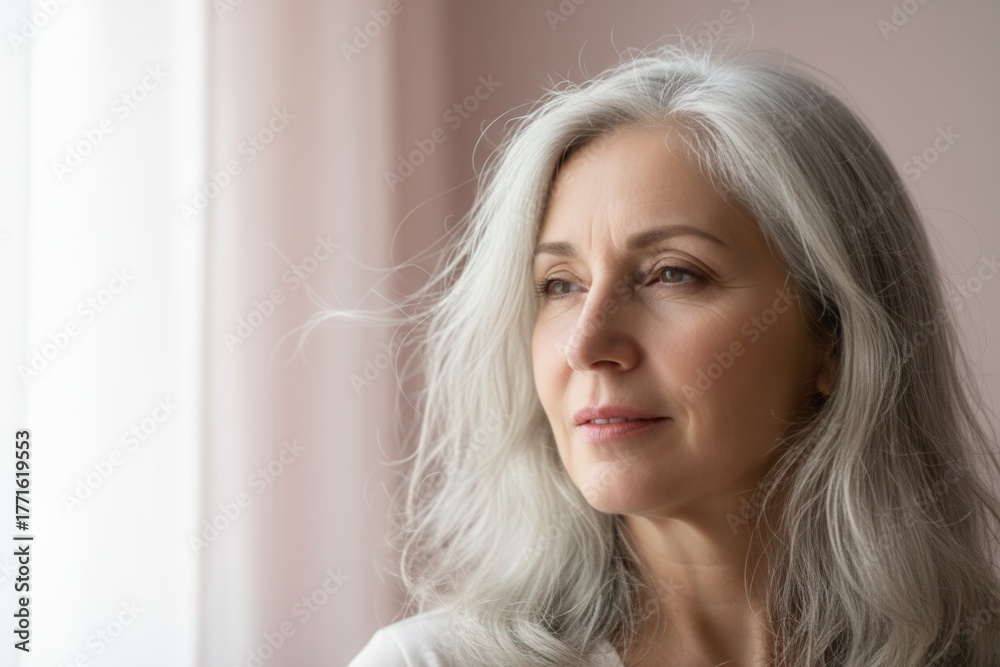 Naklejka premium Thoughtful mature woman with long grey hair looking away. Portrait of a pensive senior lady. Graceful aging and menopause concept