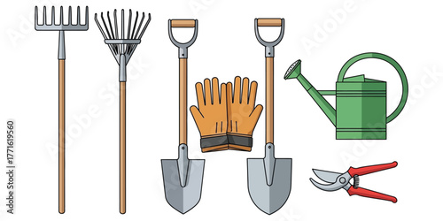 Collection of Essential Gardening Tools for Planting and Cultivating, Including Shovels, Rakes, Watering Can, Gloves, and Pruners for Home and Garden