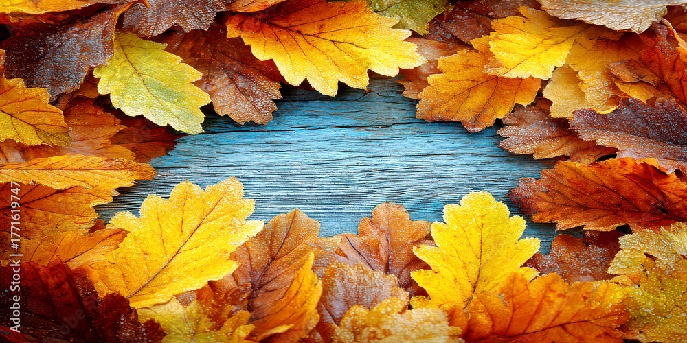 Obraz premium Vibrant Autumn Leaves Bordering Rustic Blue Wooden Background for Copy Space