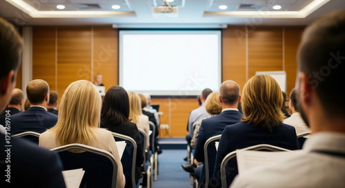 Wallpaper Mural Audience members attentively listen to a speaker during a business conference or seminar, facing a bright, blank projection screen in a modern venue. Torontodigital.ca