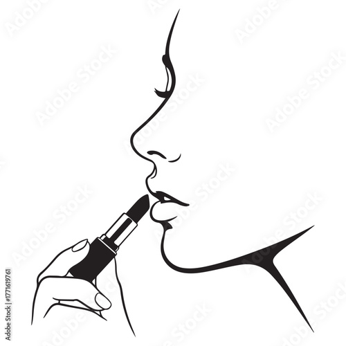 Black and White Line Art of a Woman Applying Lipstick to Her Lips female profile