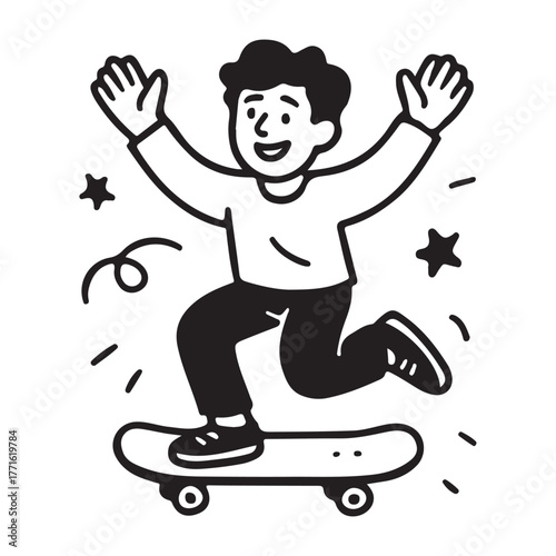 A joyful skateboarder celebrates with arms raised amidst stars, conveying youthful energy and fun, perfect for brands targeting active lifestyles and recreation.