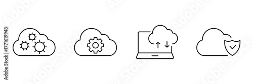 Cloud gear, cloud setting, cloud upload download, cloud shield secure icon set, computing technology vector illustration, minimal security symbol.