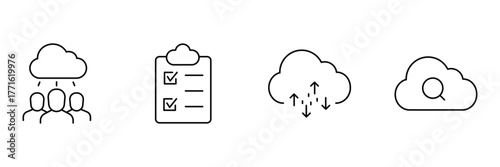 Cloud team, cloud checklist, cloud upload download, cloud search icon set, technology data management vector illustration, minimal network symbol.