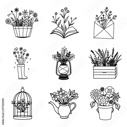 Collection of illustrated flowers presented in diverse decorative planters and pots with vibrant color options