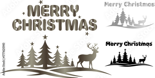 Elegant christmas design with deer and trees in silver on a black background