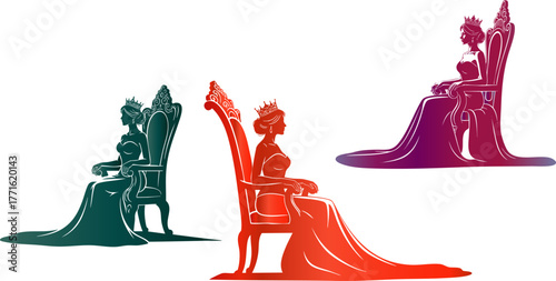 Silhouetted royalty figures in regal poses against a stark black background art