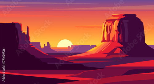 Stunning flat design illustration of a vibrant desert landscape at sunset, showcasing towering rock formations under a captivating gradient sky, capturing nature's serene beauty