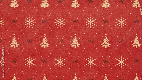 red Christmas background with snowflakes and christmas trees,seamless pattern of christmas trees and snowflakes on red background,Christmas wrapping paper, Xmas pattern with ornaments.