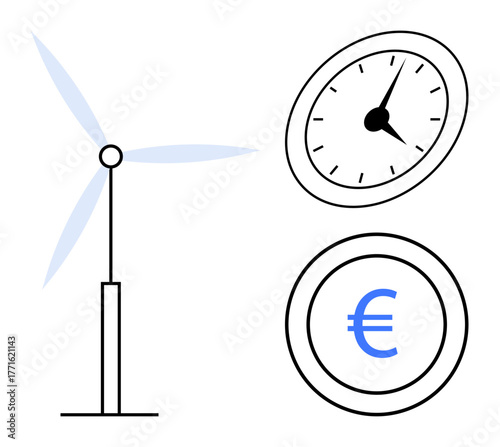 Wind turbine with rotating blades, analog clock, and euro sign. Ideal for green energy, economic efficiency, sustainability, cost analysis, time management, environmental conservation renewable