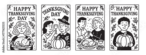 Celebrate joyful Thanksgiving moments with loved ones, featuring festive scenes of family, food, and gratitude in charming hand-drawn style