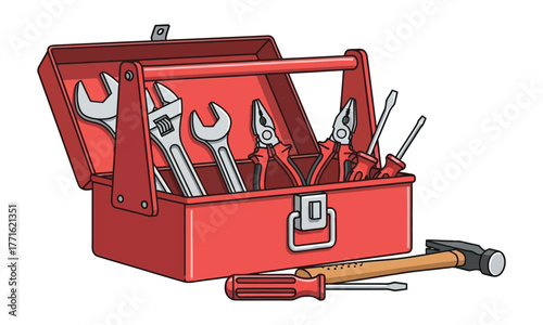 Vector illustration of a classic red metal toolbox with a complete set of essential hand tools for maintenance, construction, and carpentry work