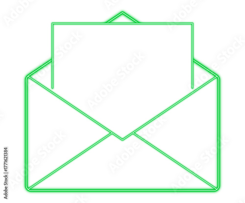 A green neon envelope with a sheet. The icon of an open envelope with a piece of paper for web design. Illustration, on a transparent background.