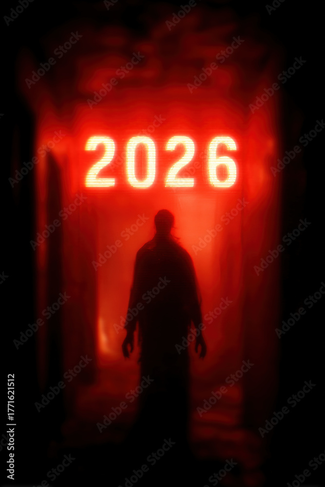 Fototapeta premium celebrate 2026 horror with red numbers over ghostly silhouette in ghost room from behind, new years eve day night, horror silvester, fantasy, portrait format, illustrated