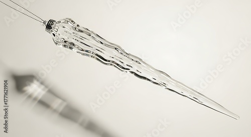 Elegant clear glass icicle ornament hangs, casting sharp shadow, perfect for winter holiday decor