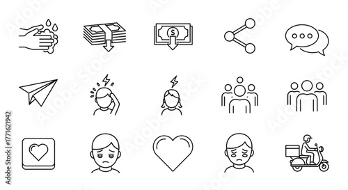 Line Icons Pack – Washing Hands, Empower, Payment, Messaging, Teamwork, Food Delivery Vector Set