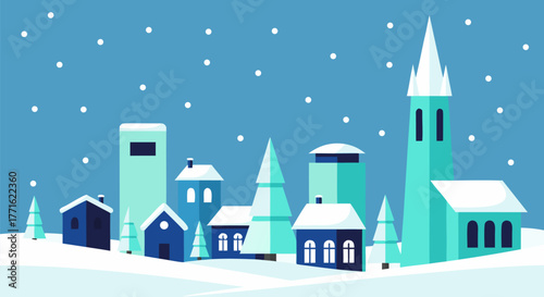 Winter Village Scene Snow-Covered Buildings and Falling Snowflakes in a Minimalist Landscape