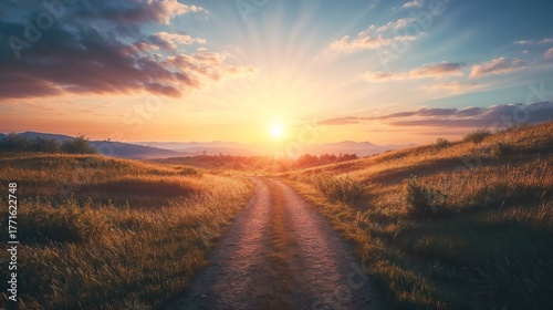 Scenic landscape with a dirt road leading to a sunrise, symbolizing life after death, symbolic advertising, awareness campaigns, funeral announcements, obituary visuals, service website branding