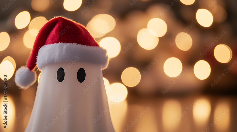 Obraz premium Festive specter ready for the holidays. This playful holiday spirit adds a spooky touch to the Christmas season with a charming red and white santa hat.