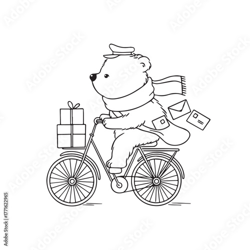 Cute Bear Postman on Bicycle. Hand-drawn black and white line art illustration with a bear delivering letters and gifts, wearing a scarf and hat — perfect for Christmas cards, coloring pages, or winte