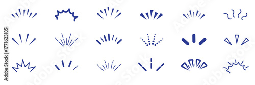 Line icon ray, confetti element set. Starburst line art with hand drawn glitter spark, pop icon shapes and surprise emphasis elements. Decorative sketch style for a sunshine ray vector illustration 