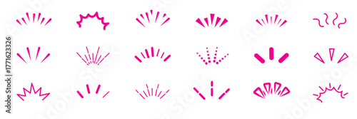 Line icon ray, confetti element set. Starburst line art with hand drawn glitter spark, pop icon shapes and surprise emphasis elements. Decorative sketch style for a sunshine ray vector illustration 