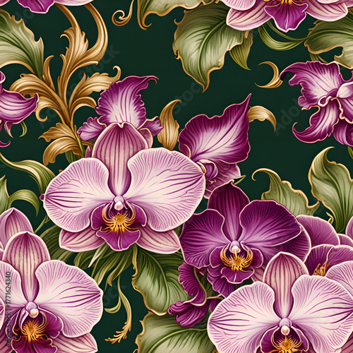 Seamless floral orchid pattern. Orchid purple with white flowers and green with gold leaves, on dark green background. Exotic tropical retro print.