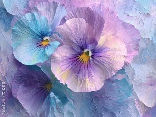 Textured Pansy Flowers Abstract Art Pastel Purple Blue Pink Blooms Oil Painting Style Canvas Artwork Floral Pattern Background