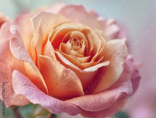 Close-up of a Delicate Two-Tone Rose Blossom with Soft Petals and Vibrant Orange and Pink Hues, Blurring to a Gentle Background, Capturing its Detailed Beauty