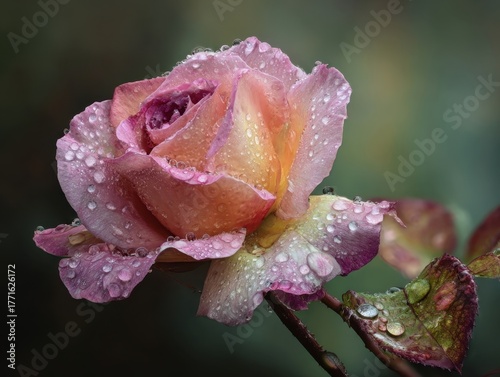 Lush pink and yellow rose with intricate dew drops on its petals and a neighboring leaf, presented against a subtly blurred dark green outdoor setting
