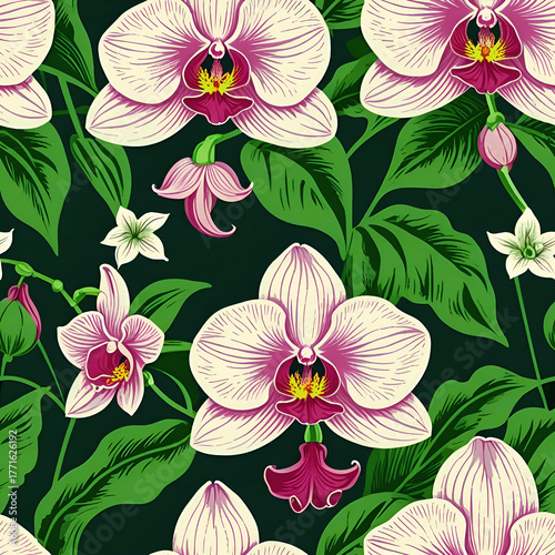 Seamless floral orchid pattern. Orchid flowers with green leaves, on dark background. Exotic tropical print.
