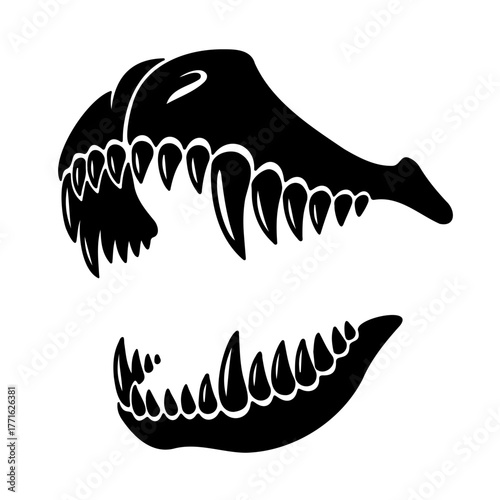 Dragon Skull Silhouette, Dinosaur Skeleton Head Parts Vector. T-Rex Dinosaur Skull Silhouette 