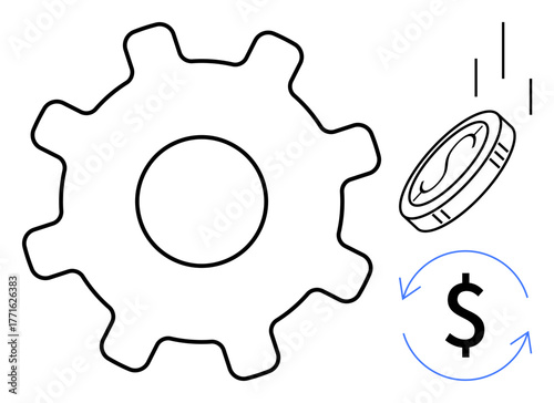 Gear, dollar sign with arrows, and coin symbolize finance, productivity, investment, profit, automation, and economy. Ideal for business strategy fintech income savings economic growth simple