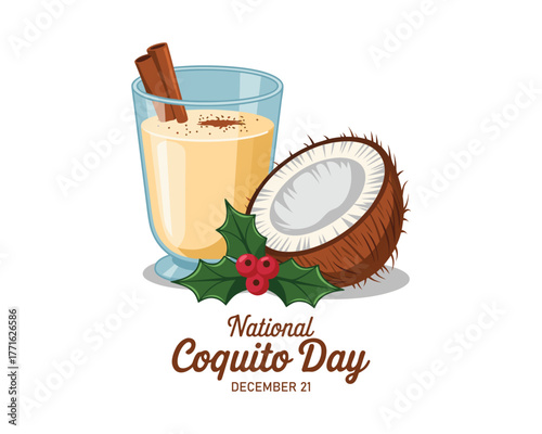 National Coquito Day vector. Puerto Rican eggnog with cinnamon and coconut milk icon vector. Traditional christmas holiday drink coquito drawing. December 21.