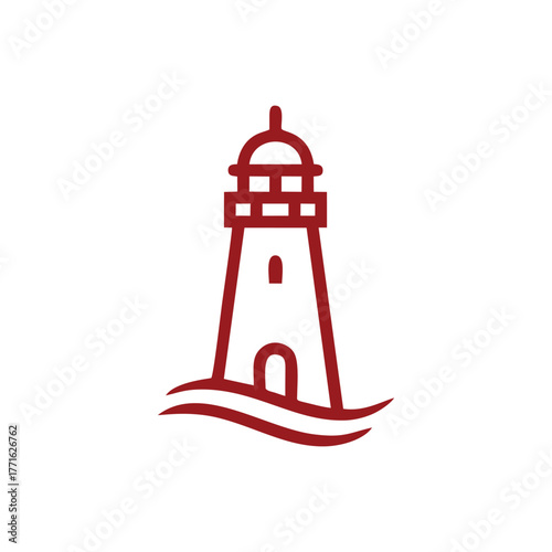 Simple Red Lighthouse Logo Vector | Line Art on Ocean Waves Icon