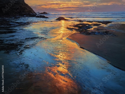 Panoramic view of a serene beach at sunset, vibrant reflections on water and wet sand, ocean waves gently meeting rocky shoreline with colorful sky