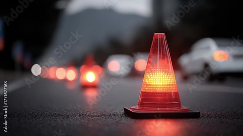 Flashing Warning Cone on Highway at Night
