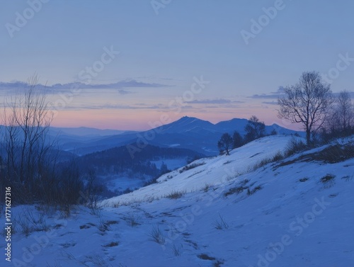 Winter Twilight Landscape Tranquil Mountain Valley Horizon Bare Trees Snow-Covered Hills Serene Dusk Sky Faint Pink Hue Blue Mountain Ranges Scenic Nature View Cold Season Scenery