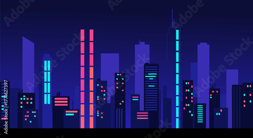 Neon cityscape at night with futuristic skyscrapers and vibrant lights against a dark sky